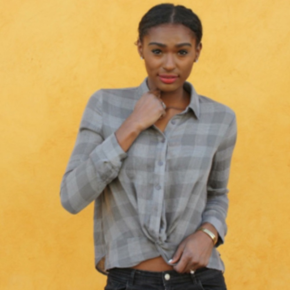 LIGHT & DARK GRAY PLAID SHIRT WITH FRONT KNOT